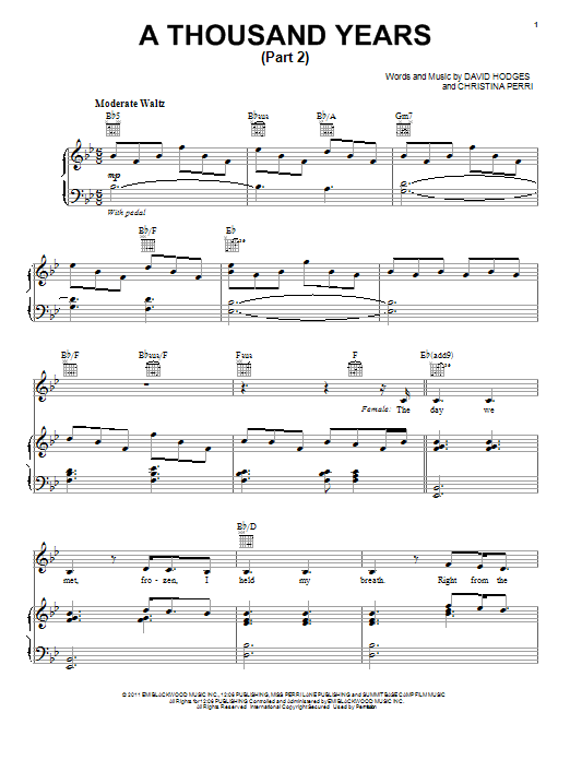 Learn to play Christina Perri A Thousand Years (Part 2) sheet music for Piano, Vocal & Guitar (Right-Hand Melody) in minutes. Christina Perri A Thousand Years (Part 2) sheet music notes and chords