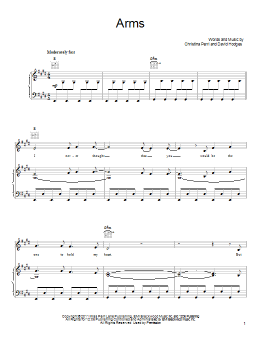 Learn to play Christina Perri Arms sheet music for Piano, Vocal & Guitar (Right-Hand Melody) in minutes. Christina Perri Arms sheet music preview music notes and score for Piano, Vocal & Guitar (Right-Hand Melody) including 10 page(s)