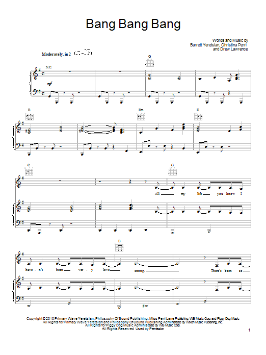 Learn to play Christina Perri Bang Bang Bang sheet music for Piano, Vocal & Guitar (Right-Hand Melody) in minutes. Christina Perri Bang Bang Bang sheet music preview music notes and score for Piano, Vocal & Guitar (Right-Hand Melody) including 7 page(s)