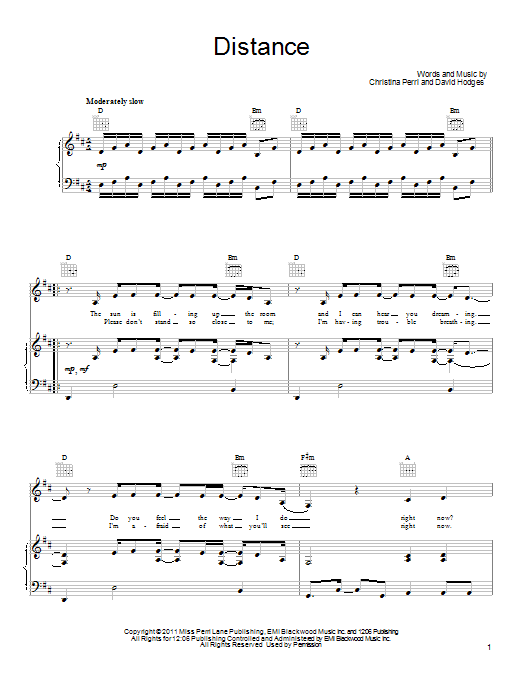 Christina Perri Distance sheet music preview music notes and score for Piano, Vocal & Guitar (Right-Hand Melody) including 5 page(s)