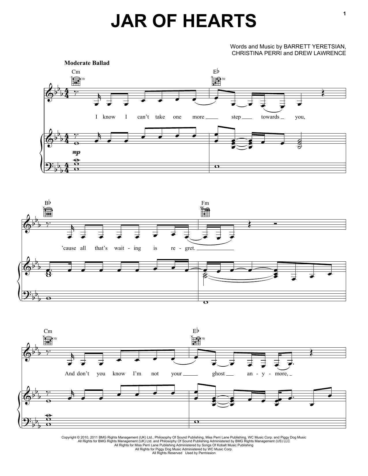 Christina Perri Jar Of Hearts sheet music preview music notes and score for Piano, Vocal & Guitar (Right-Hand Melody) including 8 page(s)