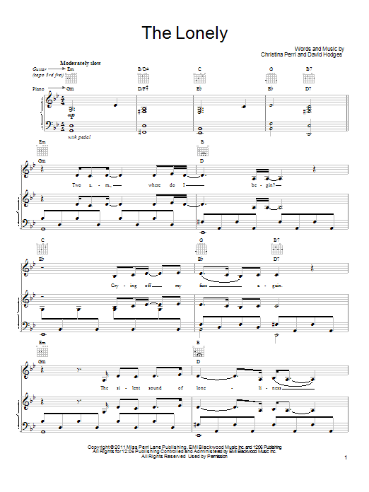 Christina Perri The Lonely sheet music preview music notes and score for Piano, Vocal & Guitar (Right-Hand Melody) including 6 page(s)