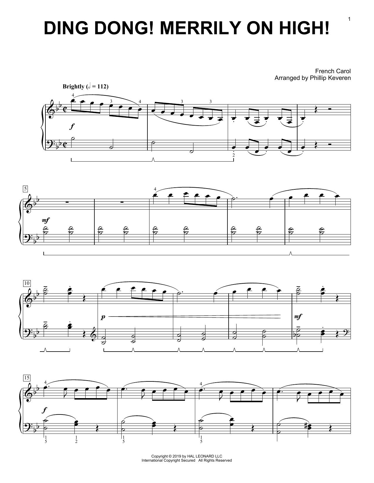 Christmas Carol Ding Dong! Merrily On High! [Classical version] (arr. Phillip Keveren) sheet music, chords, lyrics - Printable PDF for Piano Solo