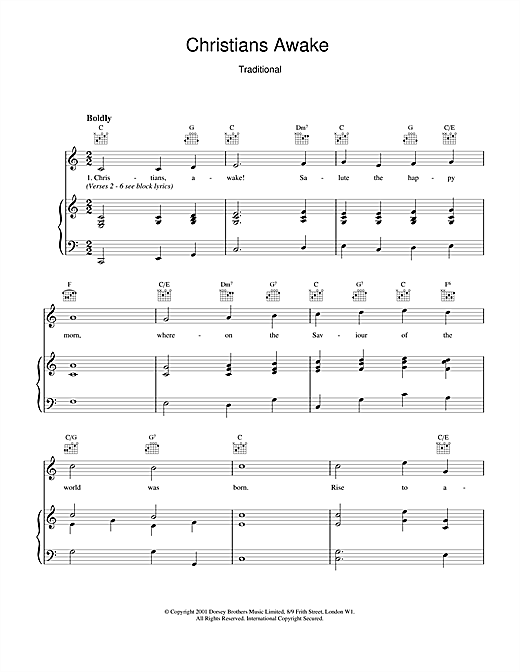 Learn to play Christmas Carol Christians Awake sheet music for Piano, Vocal & Guitar (Right-Hand Melody) in minutes. Christmas Carol Christians Awake sheet music notes and chords
