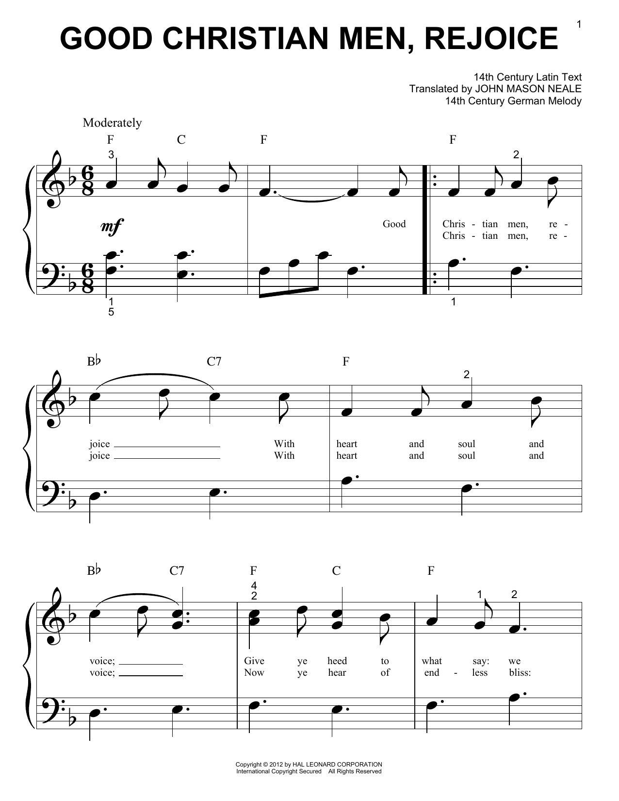 Learn to play Traditional Carol Good Christian Men, Rejoice sheet music for Piano (Big Notes) in minutes. Traditional Carol Good Christian Men, Rejoice sheet music preview music notes and score for Piano (Big Notes) including 2 page(s)
