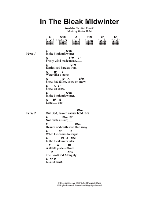 Christmas Carol In The Bleak Midwinter sheet music, chords, lyrics - Printable PDF for Lyrics & Chords