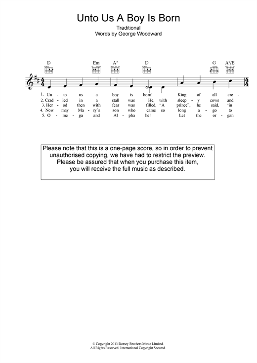 Christmas Carol Unto Us A Boy Is Born sheet music preview music notes and score for Melody Line, Lyrics & Chords including 2 page(s)