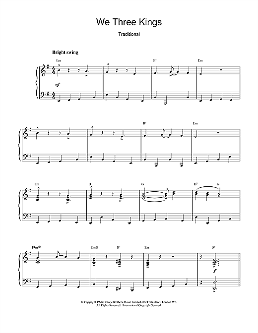 Learn to play Christmas Carol We Three Kings Of Orient Are (jazzy arrangement) sheet music for Piano in minutes. Christmas Carol We Three Kings Of Orient Are (jazzy arrangement) sheet music notes and chords