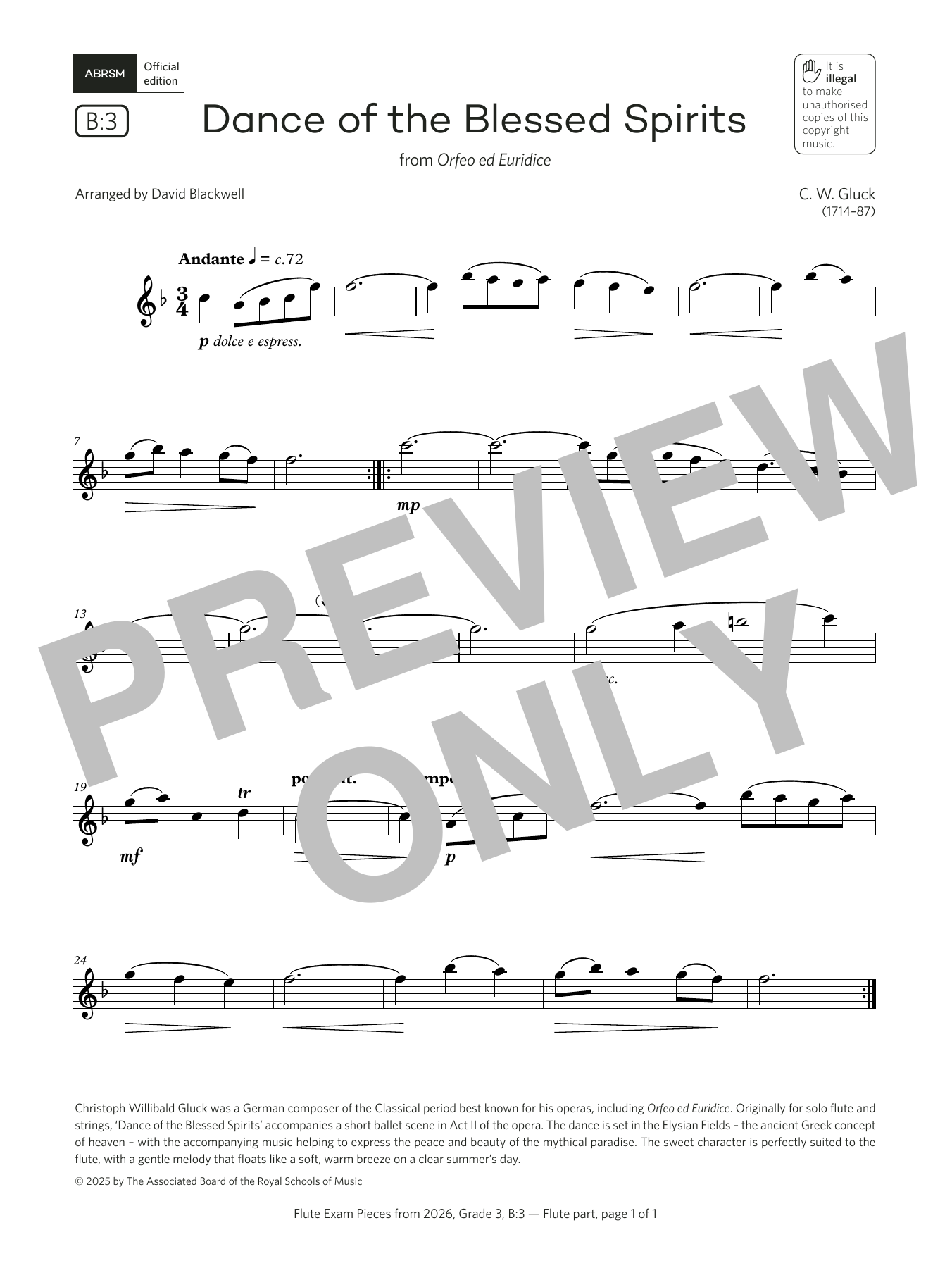 Christoph Gluck Dance of the Blessed Spirits (Grade 3, list B3, from the ABRSM Flute Syllabus from 2026) sheet music, chords, lyrics - Printable PDF for Flute Solo
