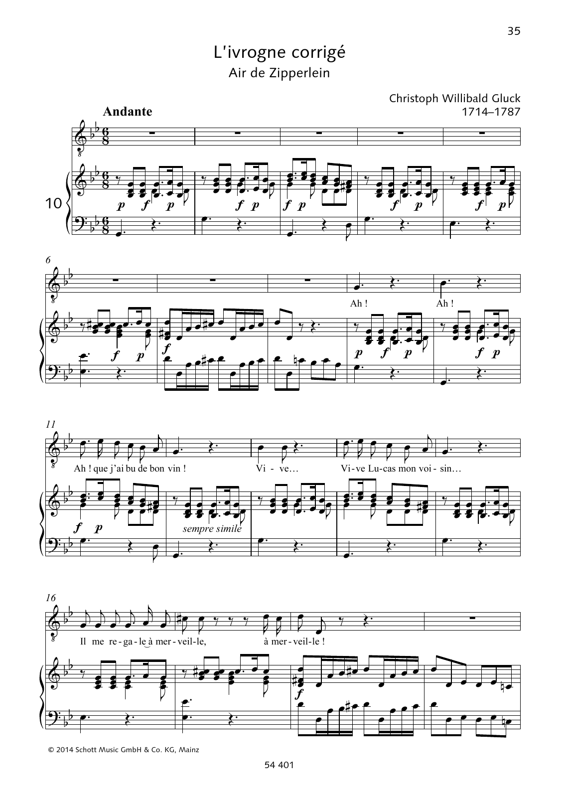 Christoph Willibald Gluck Ah! Que j'ai bu de bon vin! sheet music, chords, lyrics - Printable PDF for Piano & Vocal