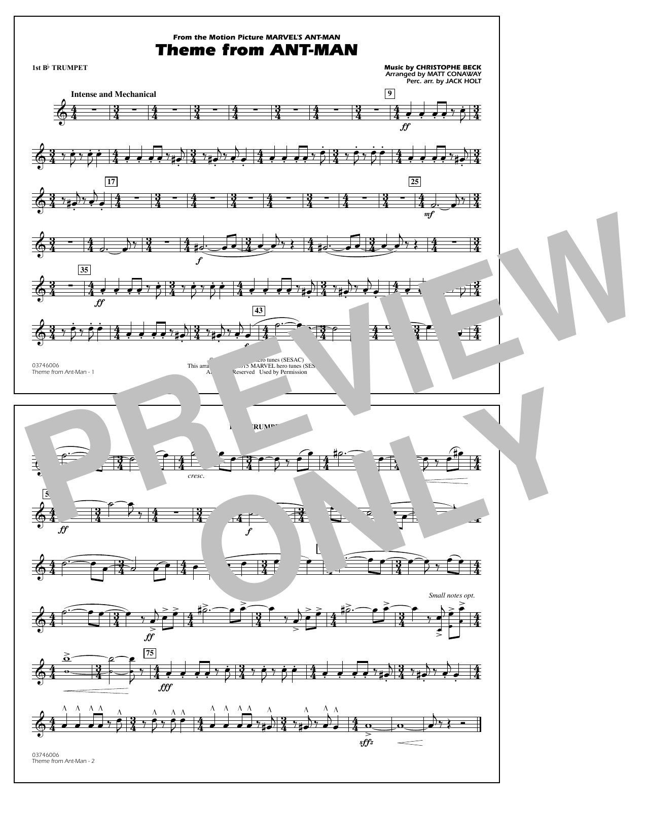 Learn to play Christophe Beck Theme from Ant-Man (Arr. Matt Conaway) - 1st Bb Trumpet sheet music for Marching Band in minutes. Christophe Beck Theme from Ant-Man (Arr. Matt Conaway) - 1st Bb Trumpet sheet music preview music notes and score for Marching Band including 1 page(s)