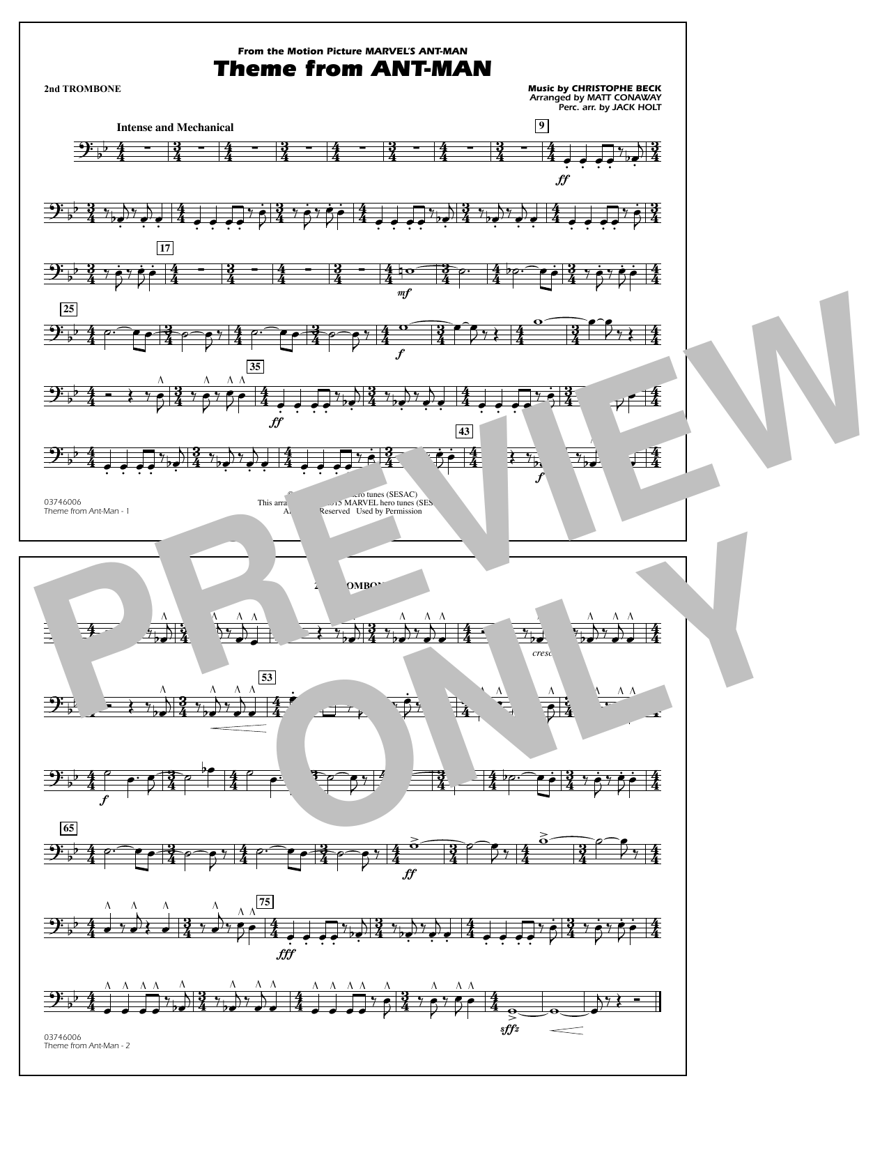 Christophe Beck Theme from Ant-Man (Arr. Matt Conaway) - 2nd Trombone sheet music preview music notes and score for Marching Band including 1 page(s)