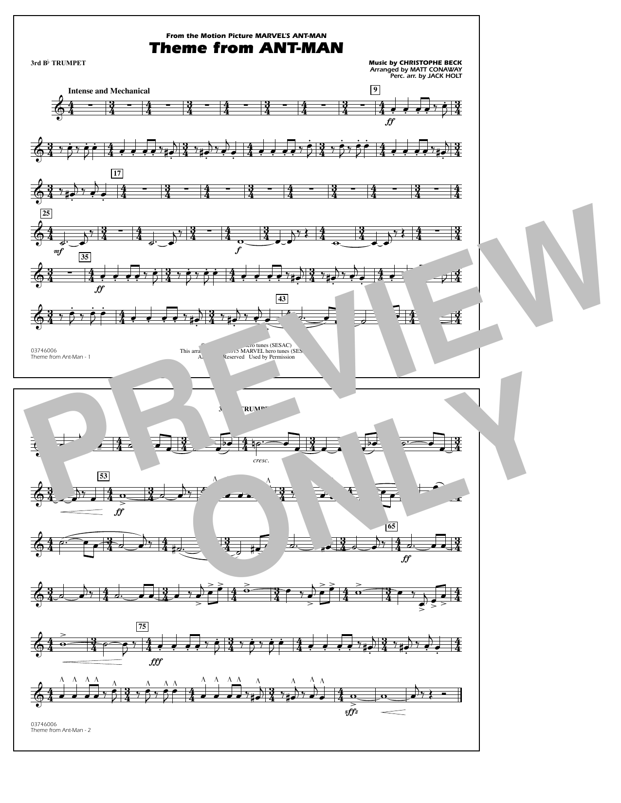 Christophe Beck Theme from Ant-Man (Arr. Matt Conaway) - 3rd Bb Trumpet sheet music preview music notes and score for Marching Band including 1 page(s)