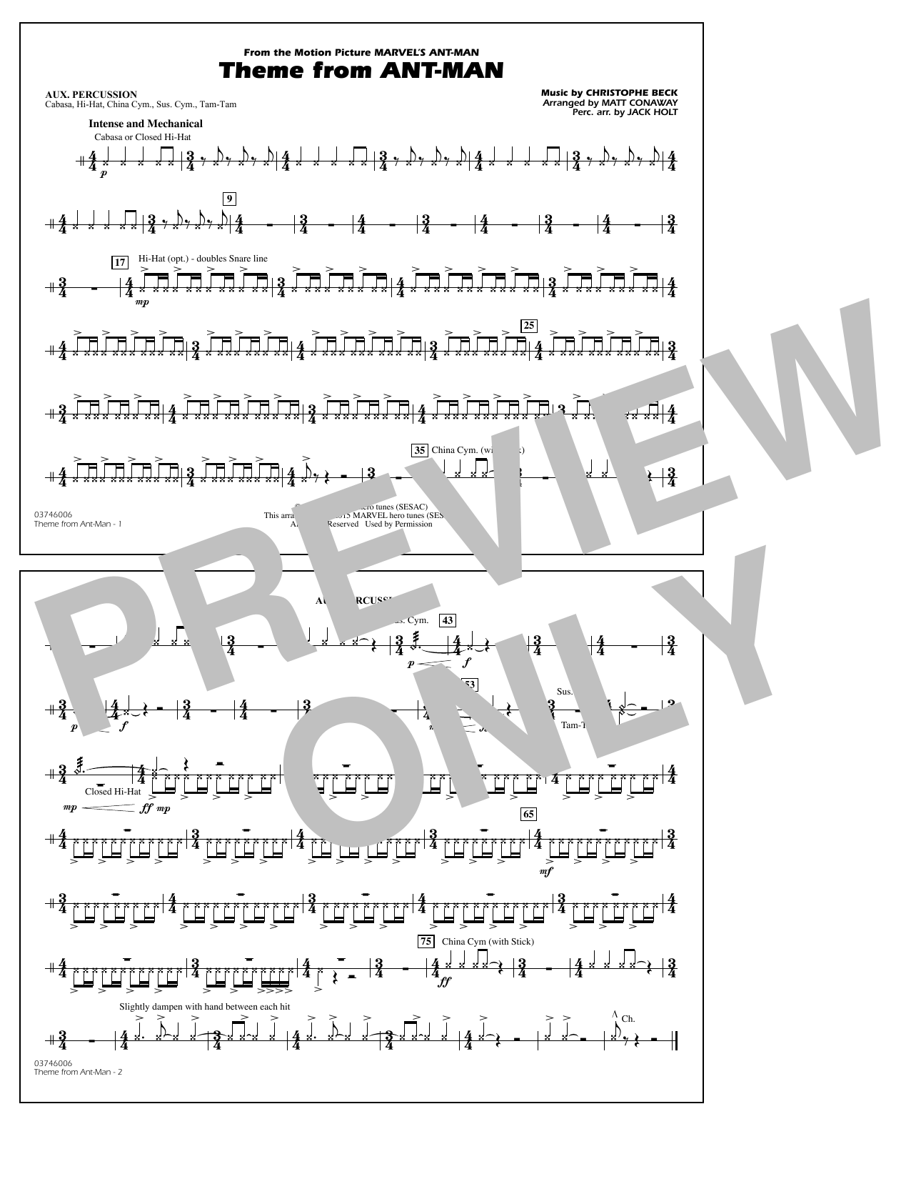 Christophe Beck Theme from Ant-Man (Arr. Matt Conaway) - Aux Percussion sheet music preview music notes and score for Marching Band including 1 page(s)