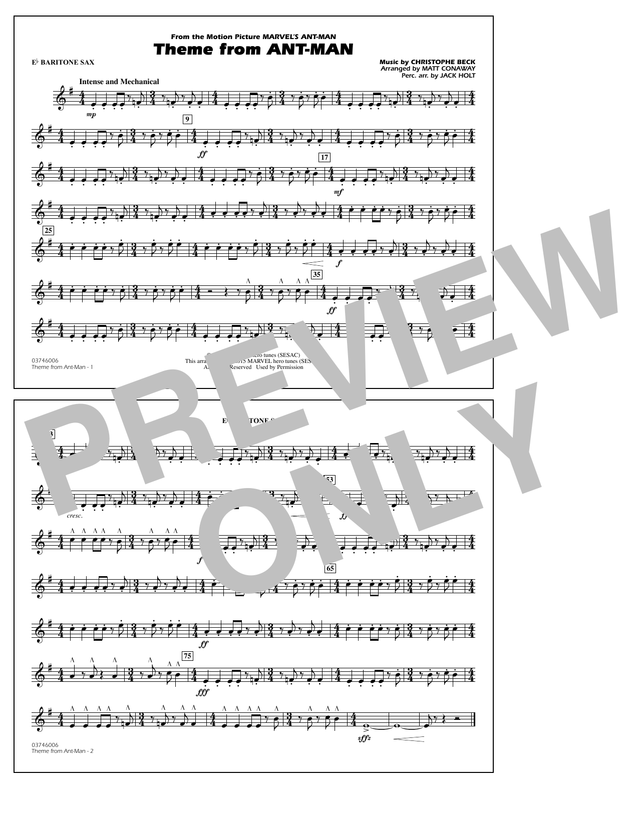 Christophe Beck Theme from Ant-Man (Arr. Matt Conaway) - Eb Baritone Sax sheet music preview music notes and score for Marching Band including 1 page(s)