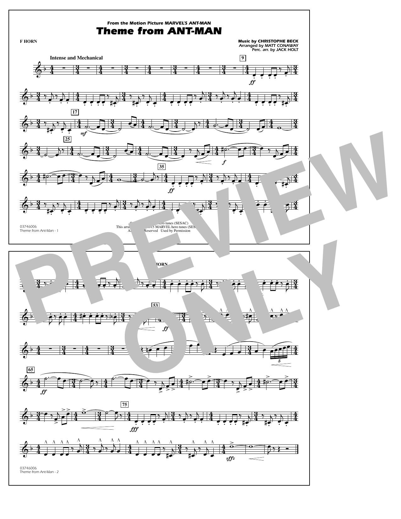 Christophe Beck Theme from Ant-Man (Arr. Matt Conaway) - F Horn sheet music preview music notes and score for Marching Band including 1 page(s)