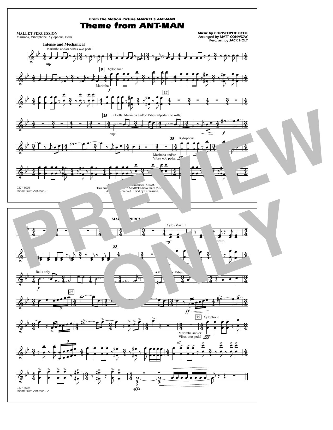 Christophe Beck Theme from Ant-Man (Arr. Matt Conaway) - Mallet Percussion sheet music preview music notes and score for Marching Band including 1 page(s)