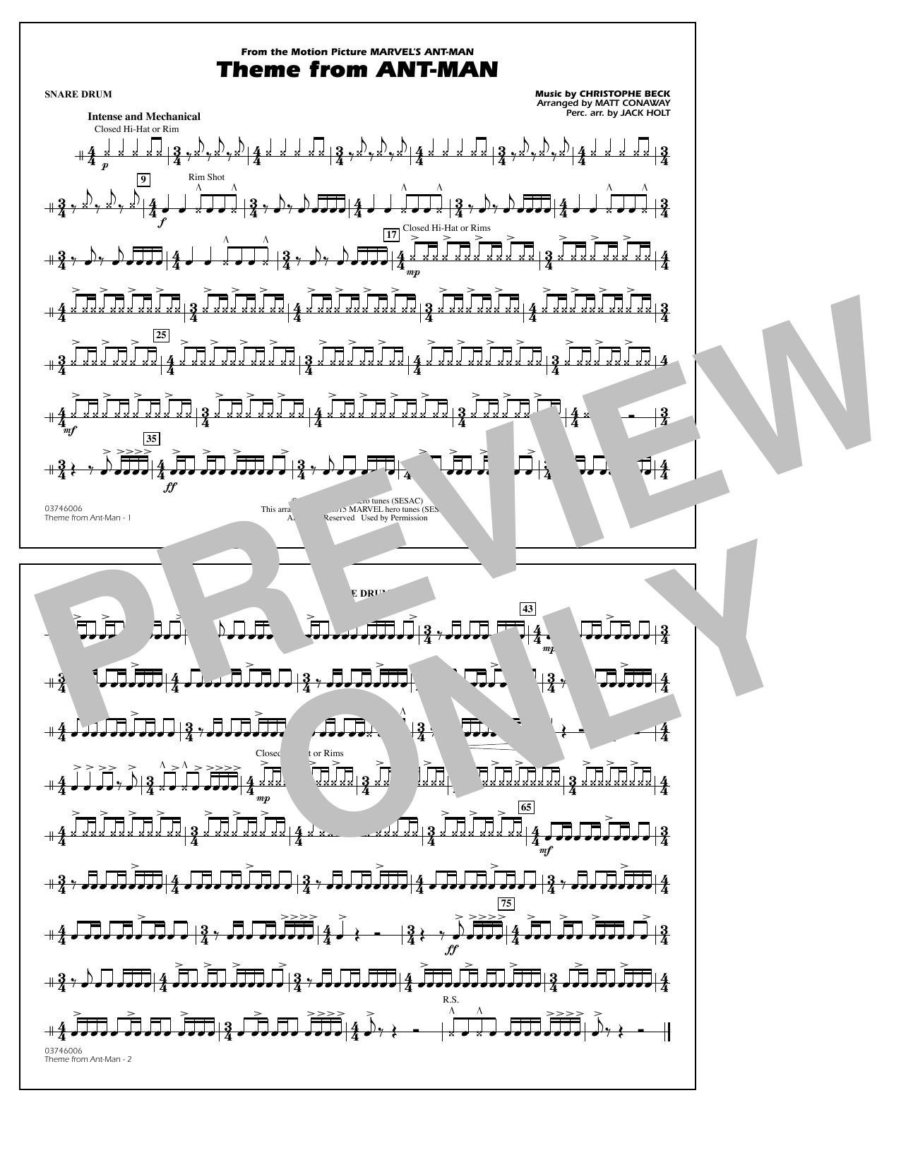 Christophe Beck Theme from Ant-Man (Arr. Matt Conaway) - Snare Drum sheet music preview music notes and score for Marching Band including 1 page(s)