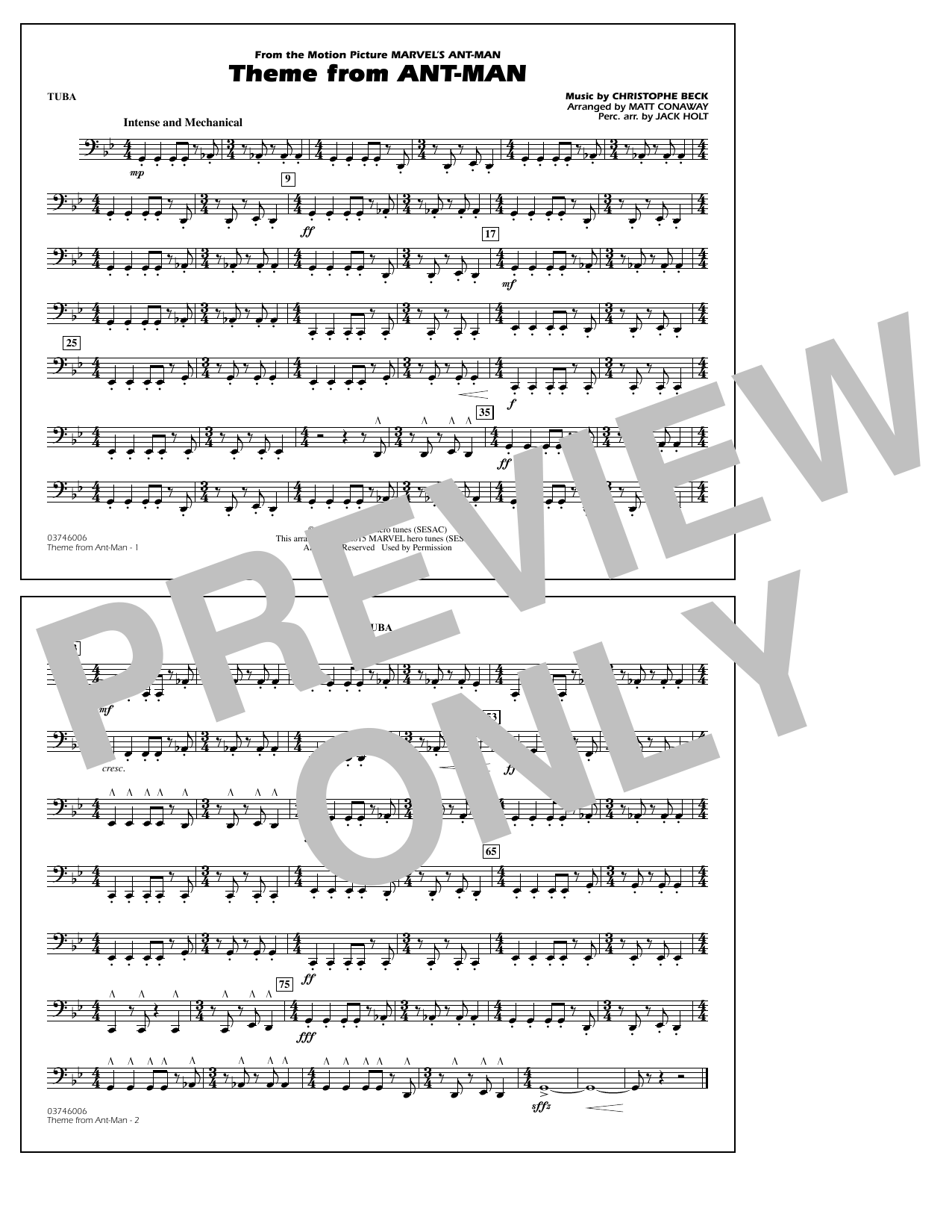 Learn to play Christophe Beck Theme from Ant-Man (Arr. Matt Conaway) - Tuba sheet music for Marching Band in minutes. Christophe Beck Theme from Ant-Man (Arr. Matt Conaway) - Tuba sheet music preview music notes and score for Marching Band including 1 page(s)