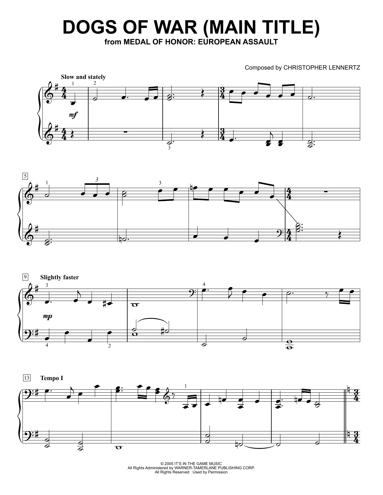 Christopher Lennertz Dogs Of War (Main Title) (from Medal of Honor: European Assault) sheet music, chords, lyrics - Printable PDF for Easy Piano Solo