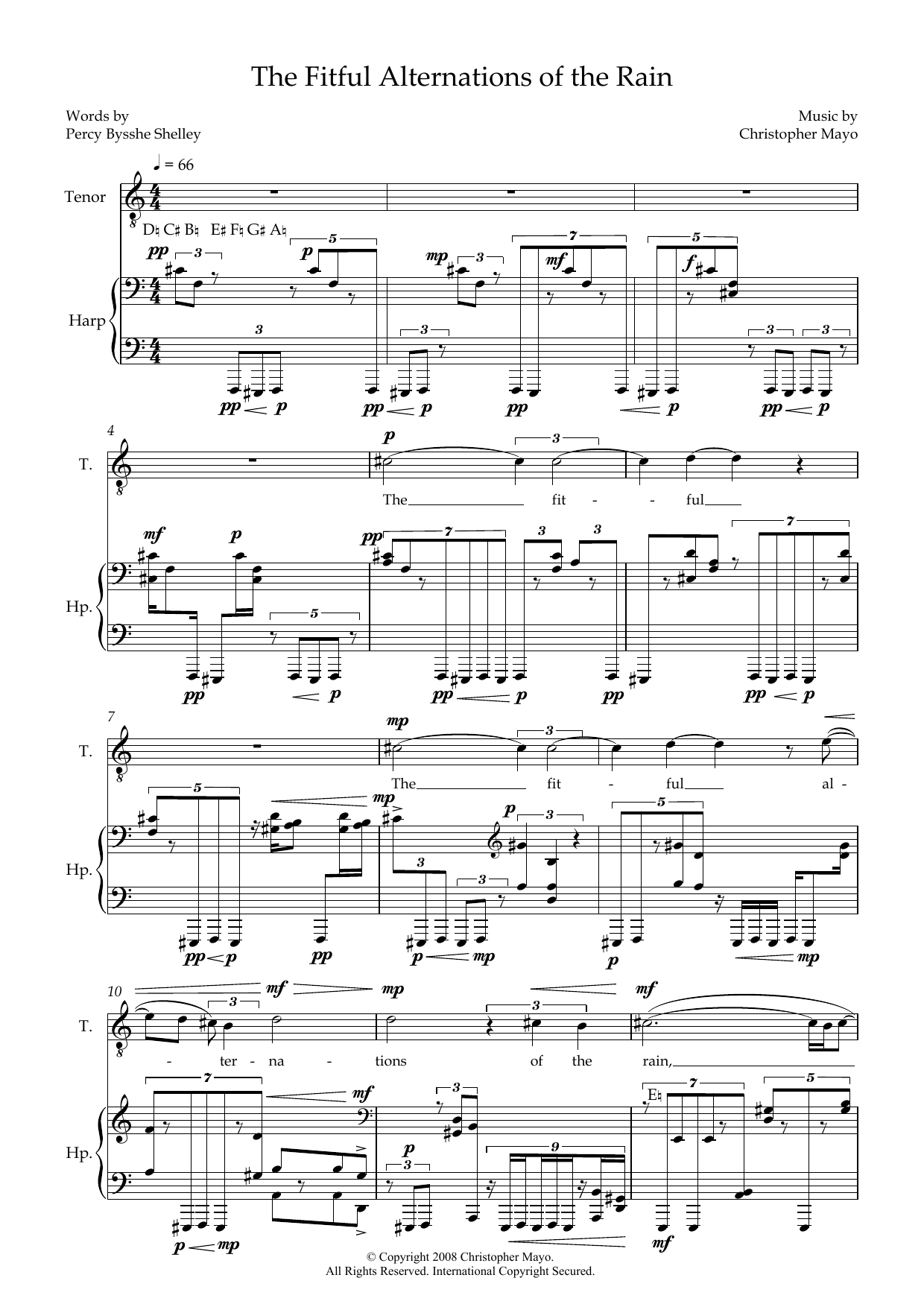 Christopher Mayo The Fitful Alternations of the Rain (for tenor & harp) sheet music, chords, lyrics - Printable PDF for Harp Duet