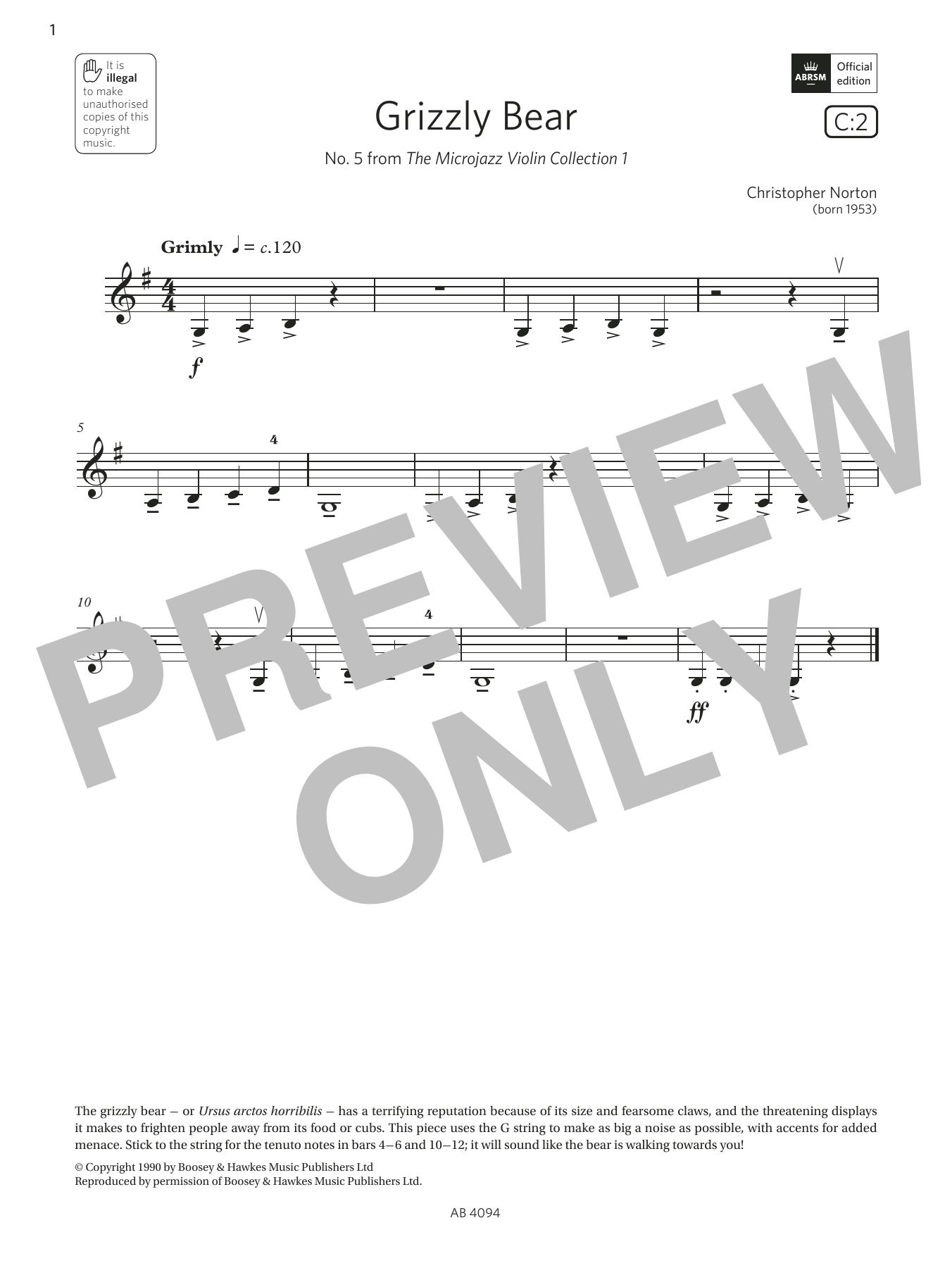 Christopher Norton Grizzly Bear (Grade Initial, C2, from the ABRSM Violin Syllabus from 2024) sheet music, chords, lyrics - Printable PDF for Violin Solo
