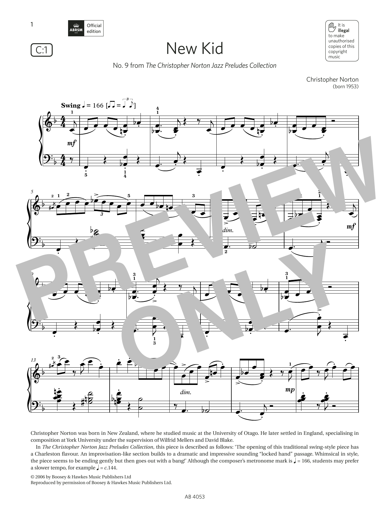 Christopher Norton New Kid (Grade 7, list C1, from the ABRSM Piano Syllabus 2023 & 2024) sheet music, chords, lyrics - Printable PDF for Piano Solo