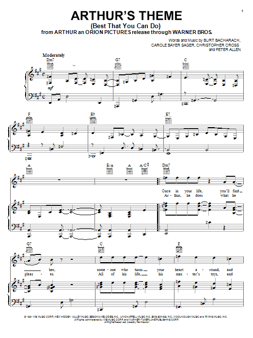 Learn to play Carole Bayer Sager Arthur's Theme (Best That You Can Do) sheet music for Piano, Vocal & Guitar (Right-Hand Melody) in minutes. Carole Bayer Sager Arthur's Theme (Best That You Can Do) sheet music preview music notes and score for Piano, Vocal & Guitar (Right-Hand Melody) including 4 page(s)