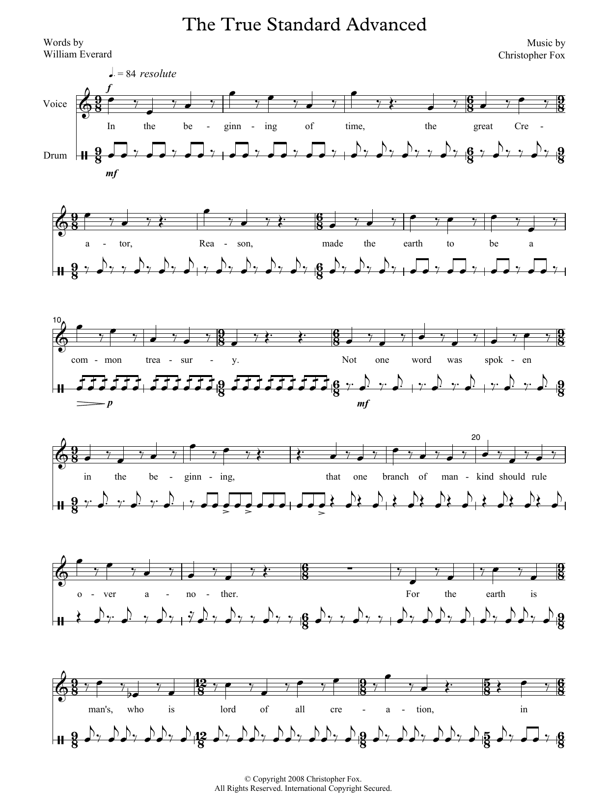 Christopher Fox The True Standard Advanced (for voice & drum) sheet music preview music notes and score for Piano & Vocal including 4 page(s)