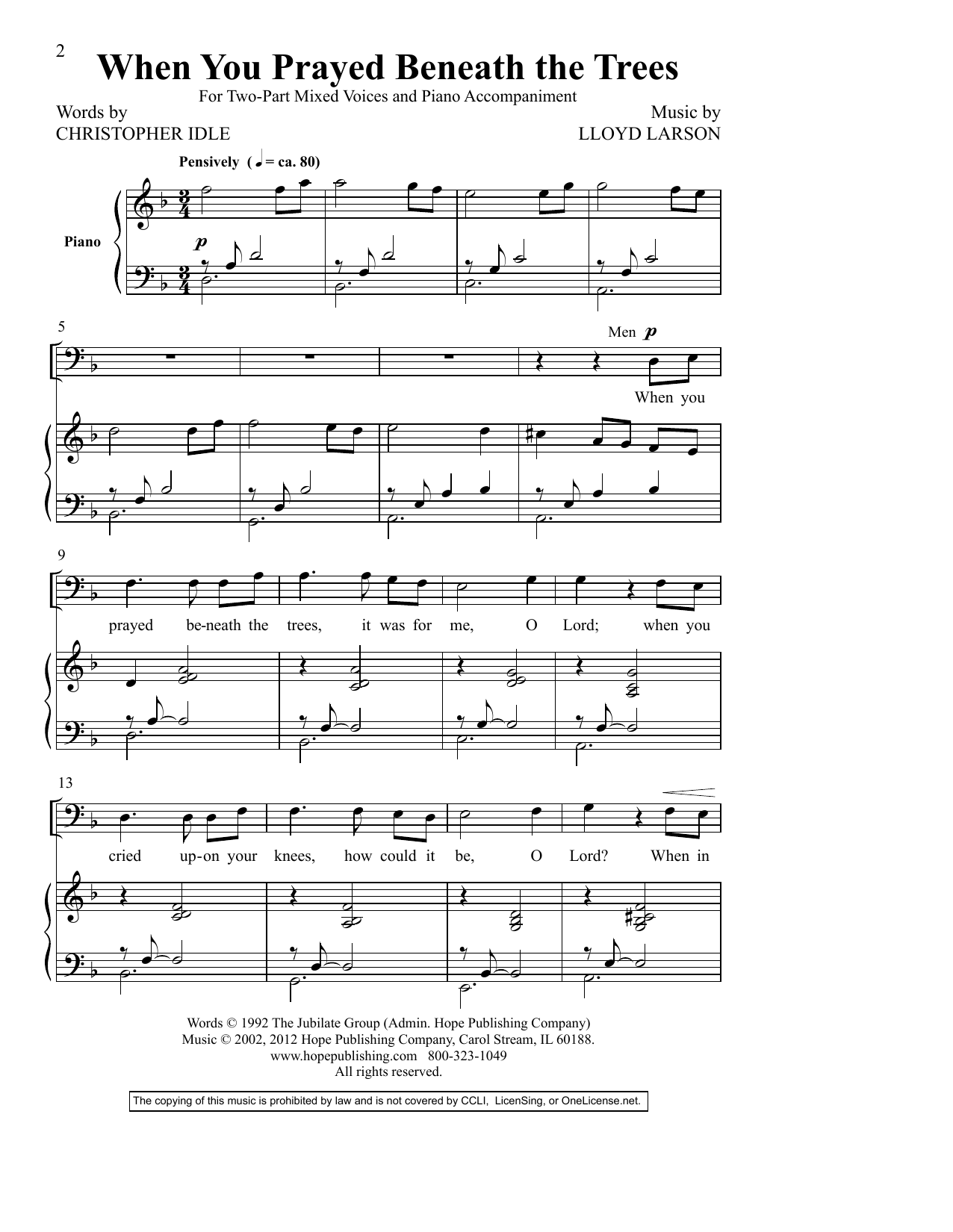 Learn to play Christopher Idle When You Prayed Beneath The Trees sheet music for Choir in minutes. Christopher Idle When You Prayed Beneath The Trees sheet music preview music notes and score for Choir including 7 page(s)