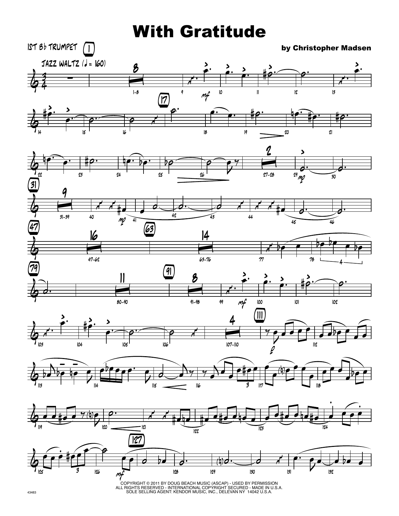 Learn to play Christopher Madsen With Gratitude - 1st Bb Trumpet sheet music for Jazz Ensemble in minutes. Christopher Madsen With Gratitude - 1st Bb Trumpet sheet music preview music notes and score for Jazz Ensemble including 2 page(s)