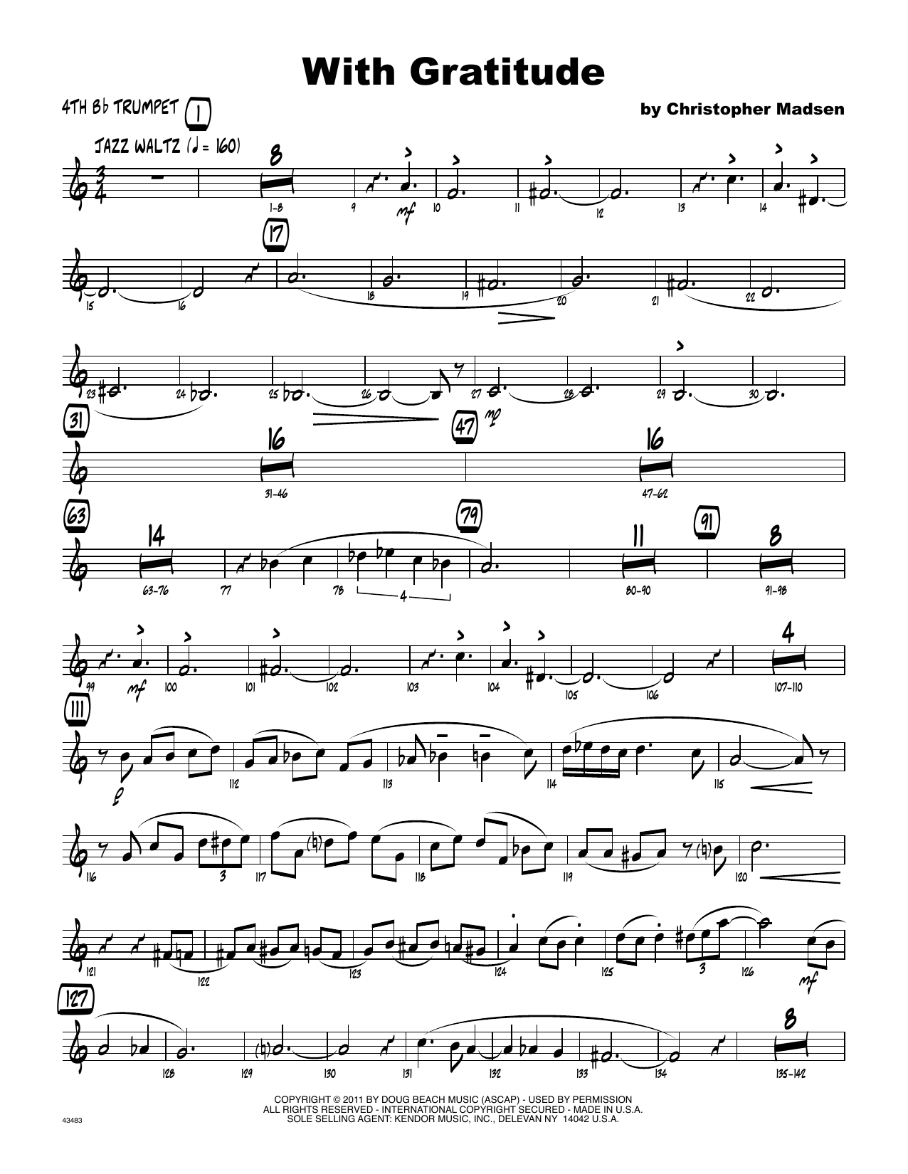 Learn to play Christopher Madsen With Gratitude - 4th Bb Trumpet sheet music for Jazz Ensemble in minutes. Christopher Madsen With Gratitude - 4th Bb Trumpet sheet music preview music notes and score for Jazz Ensemble including 2 page(s)