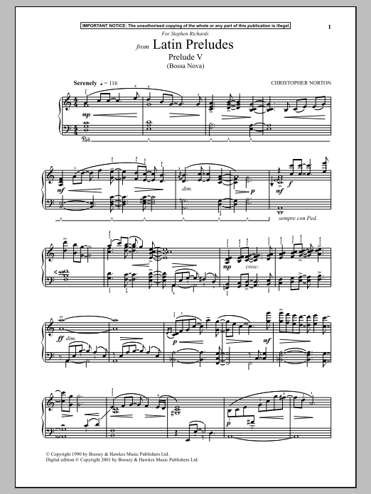 Learn to play Christopher Norton Latin Preludes, Prelude V (Bossa Nova) sheet music for Piano in minutes. Christopher Norton Latin Preludes, Prelude V (Bossa Nova) sheet music notes and chords