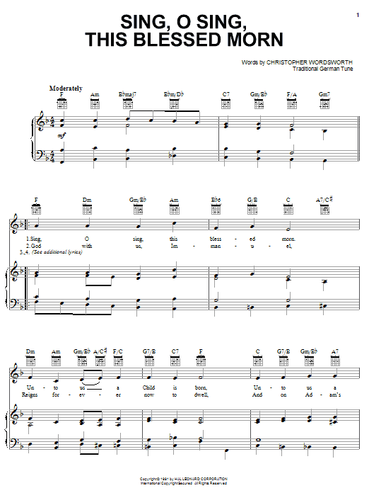 Learn to play Christopher Wordsworth Sing, O Sing, This Blessed Morn sheet music for Piano, Vocal & Guitar (Right-Hand Melody) in minutes. Christopher Wordsworth Sing, O Sing, This Blessed Morn sheet music notes and chords