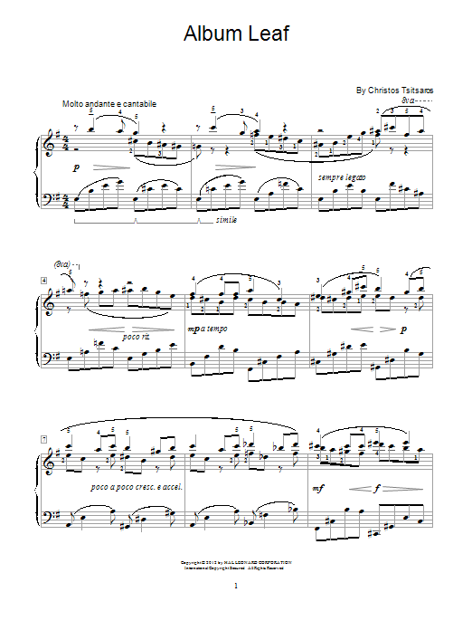 Learn to play Christos Tsitsaros Album Leaf sheet music for Easy Piano in minutes. Christos Tsitsaros Album Leaf sheet music preview music notes and score for Easy Piano including 3 page(s)