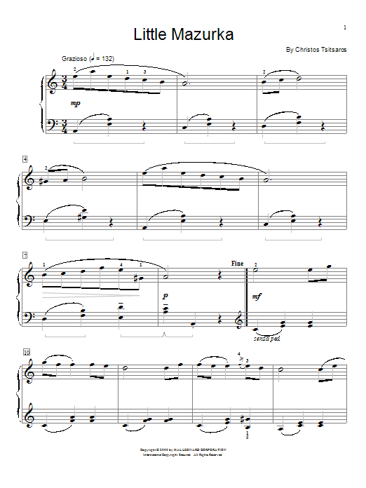 Learn to play Christos Tsitsaros Little Mazurka sheet music for Easy Piano in minutes. Christos Tsitsaros Little Mazurka sheet music preview music notes and score for Easy Piano including 3 page(s)