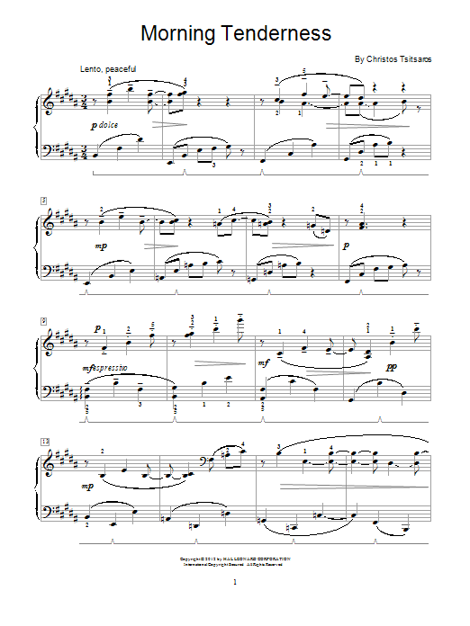 Learn to play Christos Tsitsaros Morning Tenderness sheet music for Easy Piano in minutes. Christos Tsitsaros Morning Tenderness sheet music preview music notes and score for Easy Piano including 3 page(s)