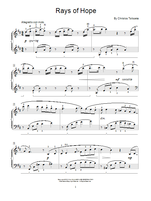 Learn to play Christos Tsitsaros Rays Of Hope sheet music for Easy Piano in minutes. Christos Tsitsaros Rays Of Hope sheet music preview music notes and score for Easy Piano including 3 page(s)