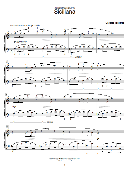 Learn to play Christos Tsitsaros Siciliana sheet music for Easy Piano in minutes. Christos Tsitsaros Siciliana sheet music preview music notes and score for Easy Piano including 3 page(s)