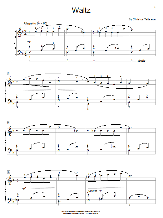 Learn to play Christos Tsitsaros Waltz sheet music for Easy Piano in minutes. Christos Tsitsaros Waltz sheet music preview music notes and score for Easy Piano including 4 page(s)
