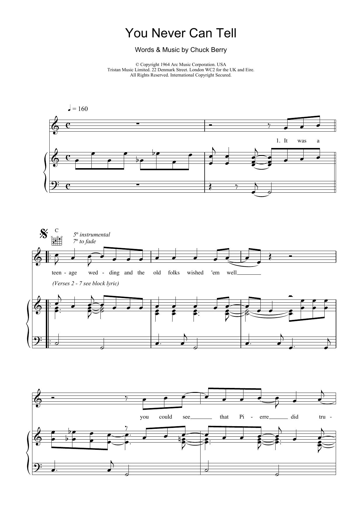 Chuck Berry You Never Can Tell (from Pulp Fiction) sheet music preview music notes and score for Piano, Vocal & Guitar (Right-Hand Melody) including 3 page(s)