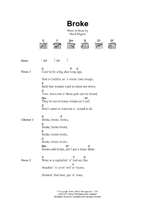 Learn to play Chuck Higgins Broke sheet music for Lyrics & Chords in minutes. Chuck Higgins Broke sheet music preview music notes and score for Lyrics & Chords including 2 page(s)