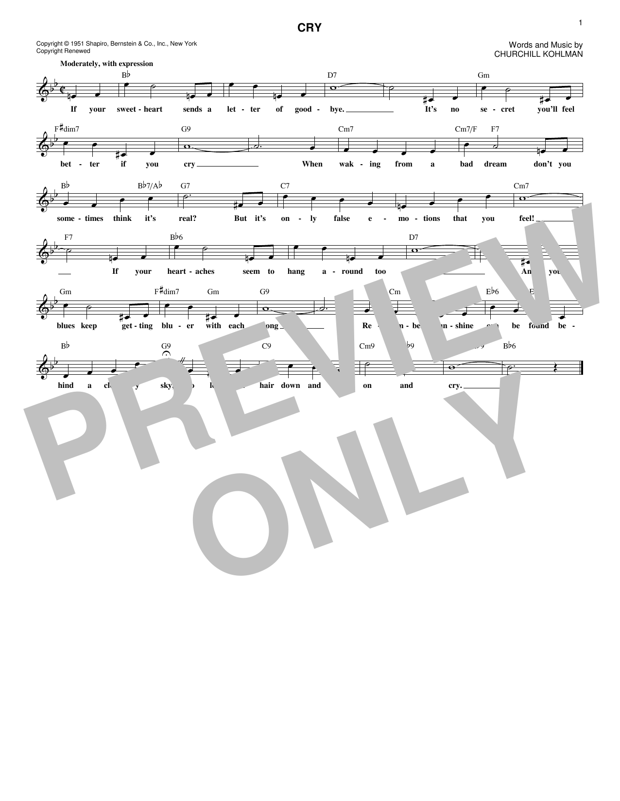 Learn to play Churchill Kohlman Cry sheet music for Piano, Vocal & Guitar (Right-Hand Melody) in minutes. Churchill Kohlman Cry sheet music notes and chords