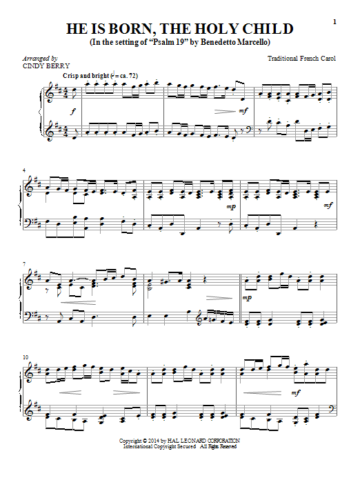 Cindy Berry He Is Born, The Holy Child (Il Est Ne, Le Divin Enfant) sheet music, chords, lyrics - Printable PDF for Piano