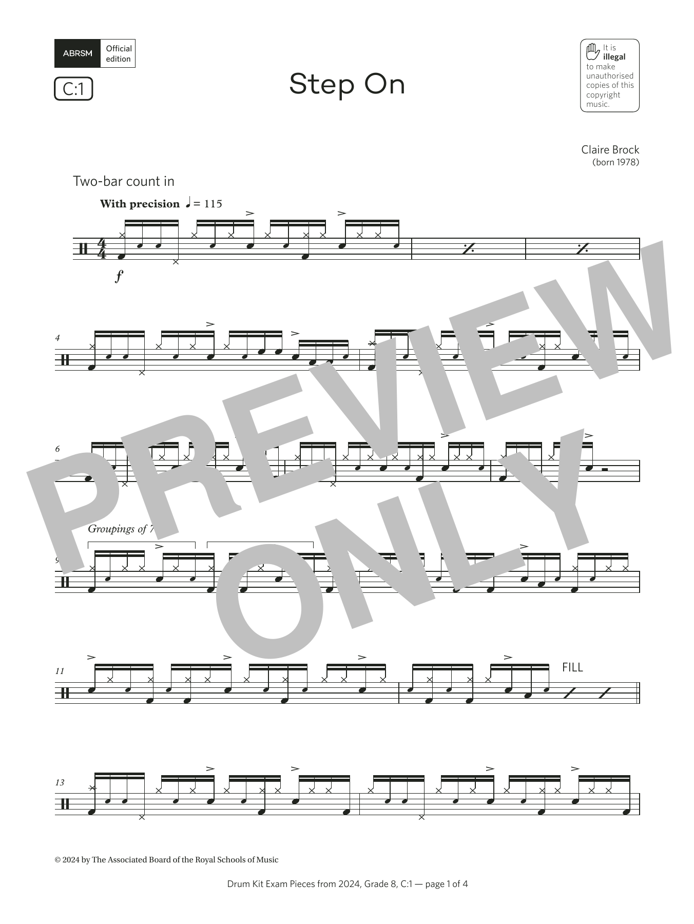Claire Brock Step On (Grade 8, list C1, from the ABRSM Drum Kit Syllabus 2024) sheet music, chords, lyrics - Printable PDF for Drums