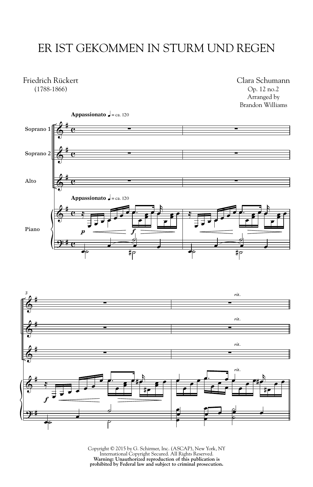 Brandon Williams Er Ist Gekommen In Sturm Und Regen sheet music, chords, lyrics - Printable PDF for SSA