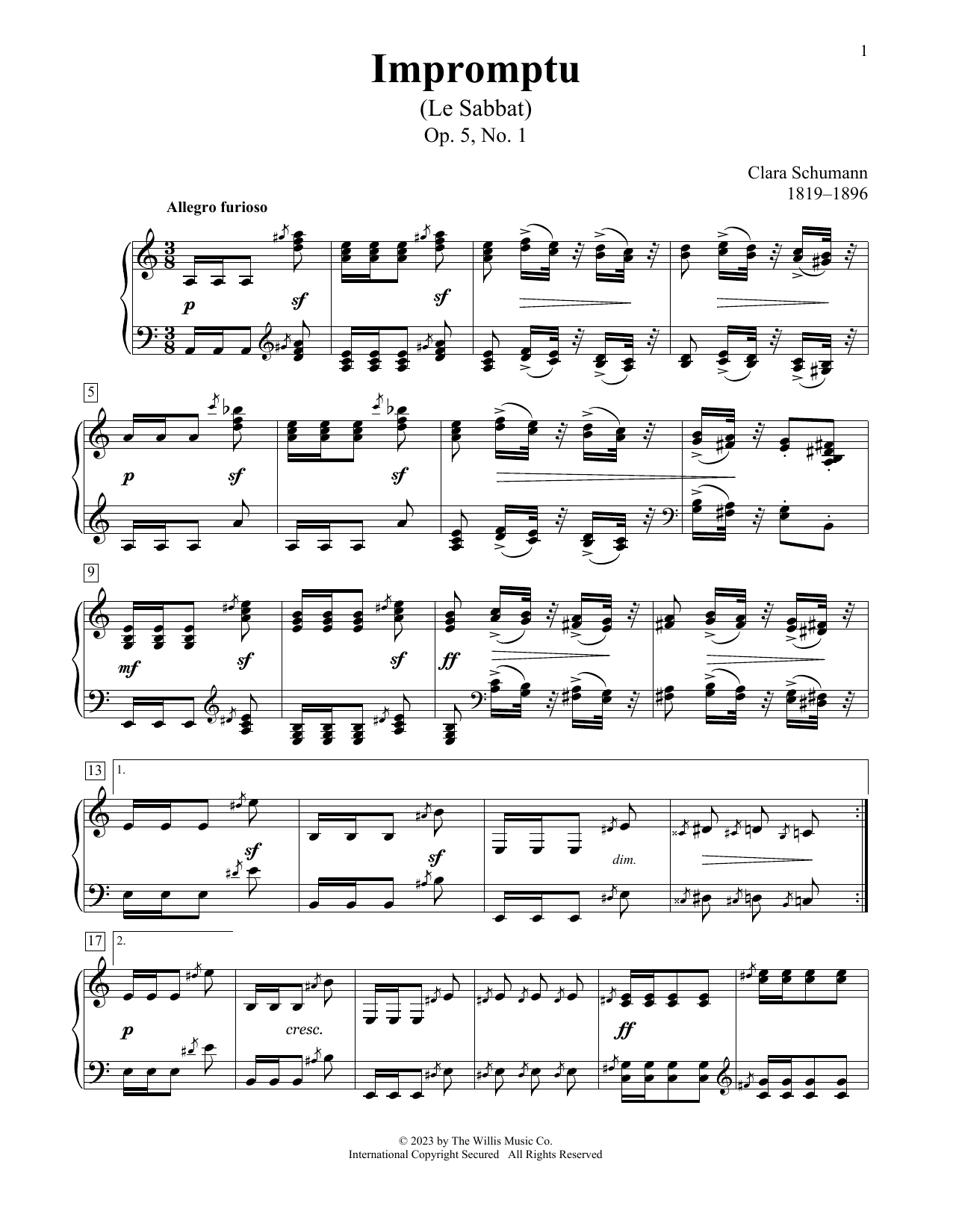 Clara Schumann Impromptu (Le Sabbat), Op. 5, No. 1 sheet music, chords, lyrics - Printable PDF for Educational Piano