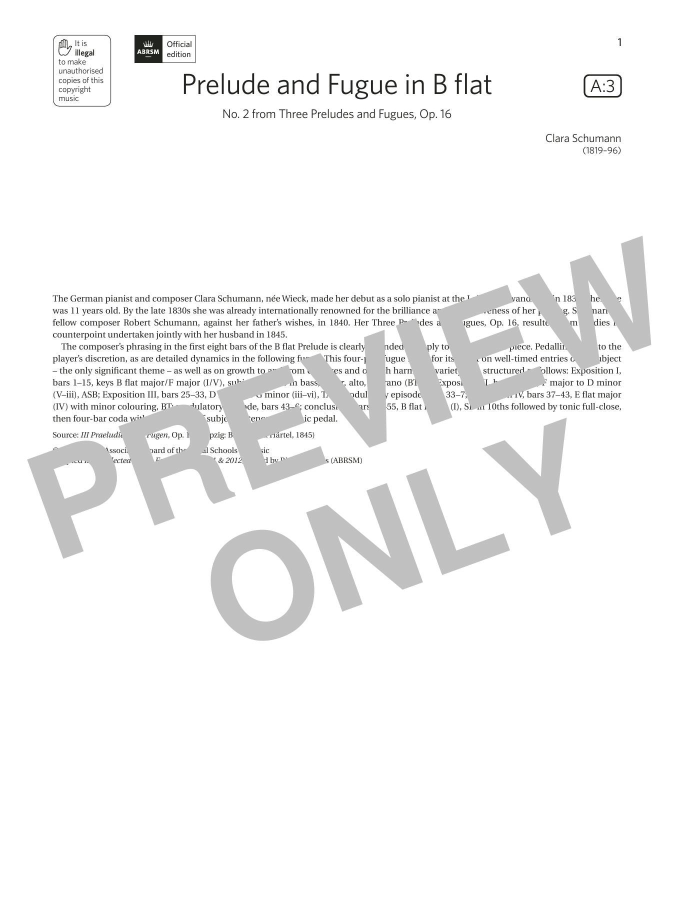 Clara Schumann Prelude and Fugue in B flat (Grade 8, list A3, from the ABRSM Piano Syllabus 2021 & 2022) sheet music, chords, lyrics - Printable PDF for Piano Solo