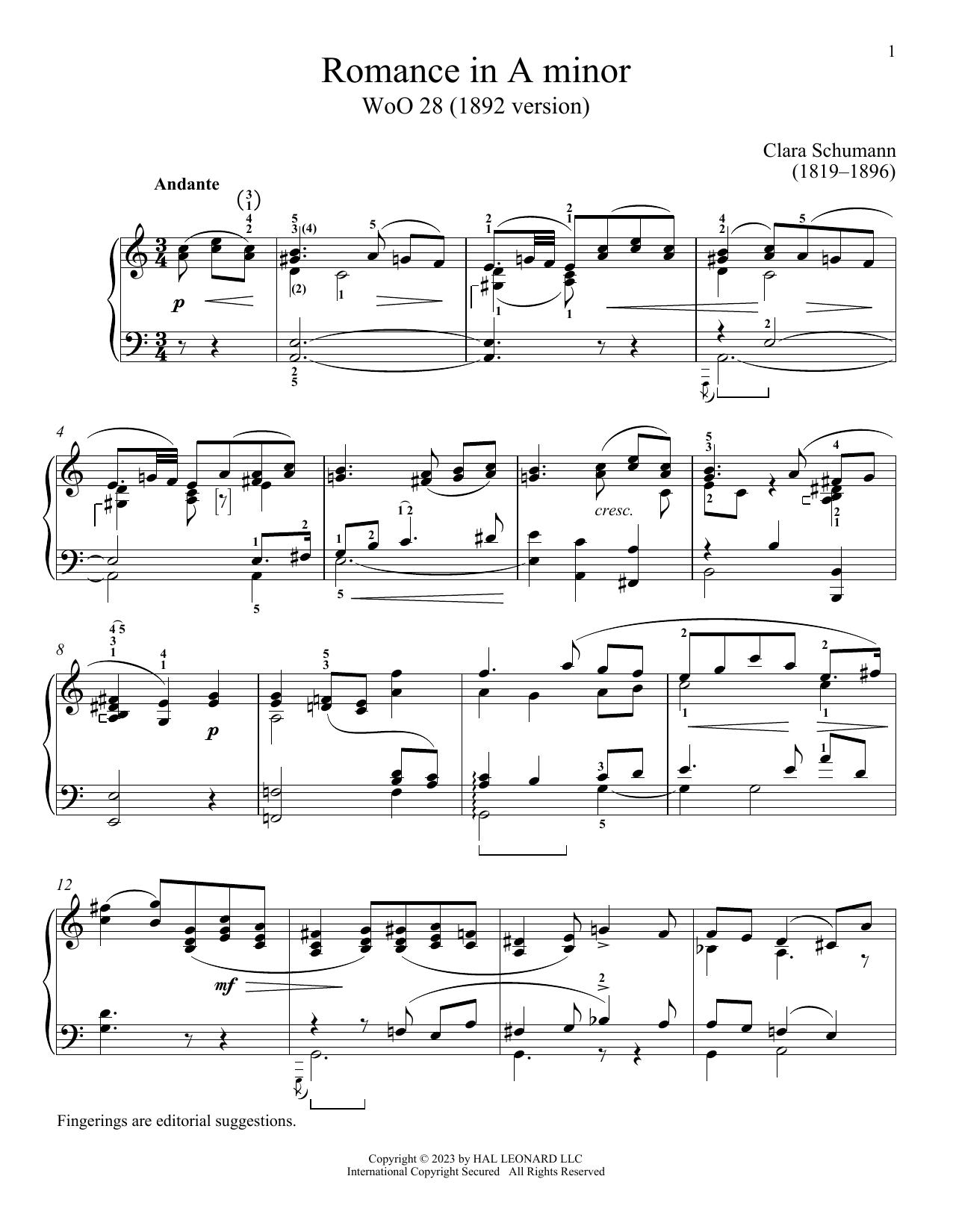 Clara Schumann Romance in A minor, WoO 28 sheet music, chords, lyrics - Printable PDF for Piano Solo