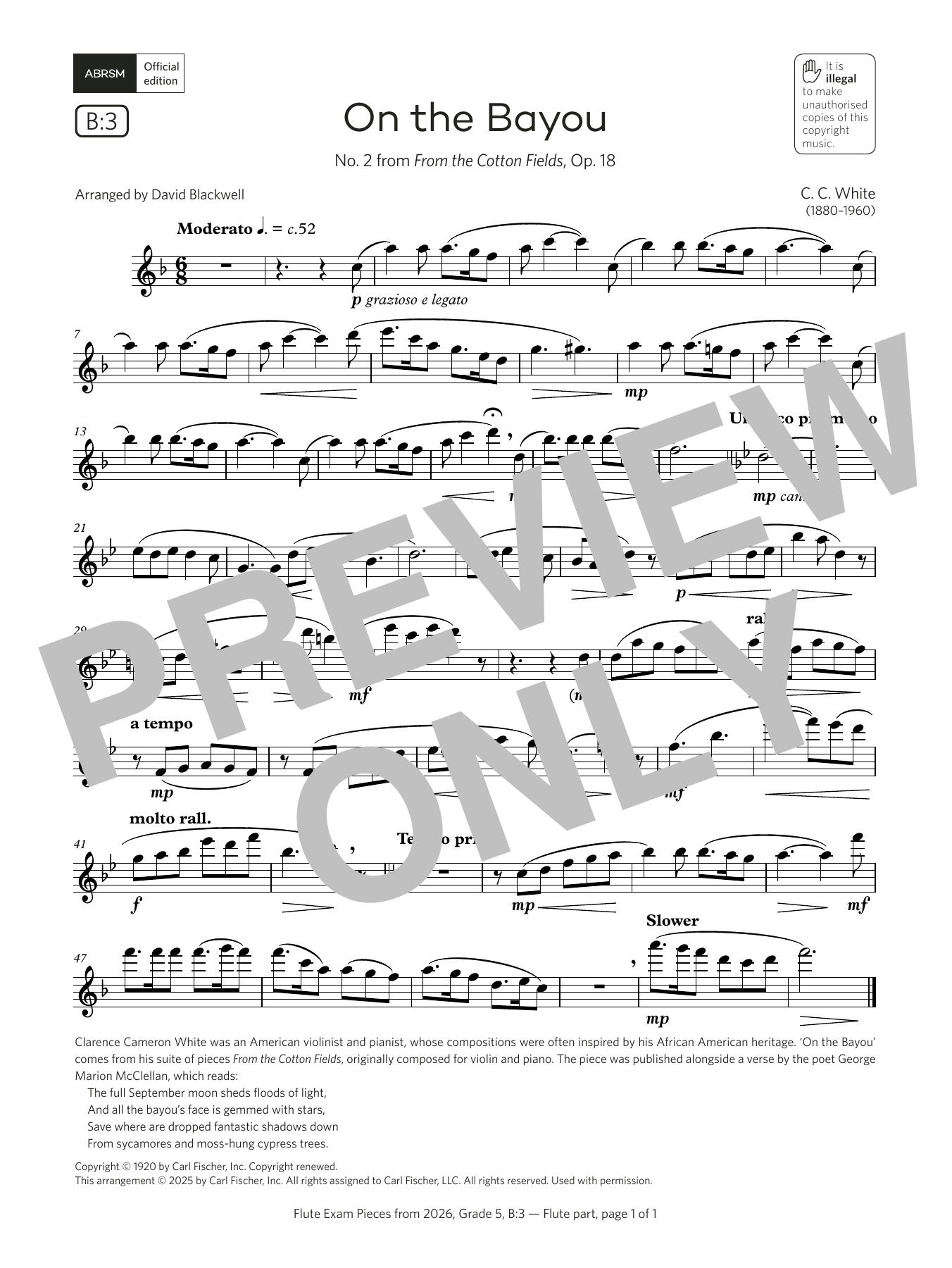 Clarence Cameron White On the Bayou (Grade 5, list B3, from the ABRSM Flute Syllabus from 2026) sheet music, chords, lyrics - Printable PDF for Flute Solo